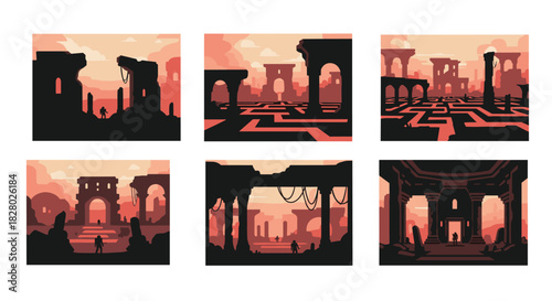 Set of atmospheric scenes depicting a lone explorer in ancient, silhouette ruins, including a maze and decaying archways.