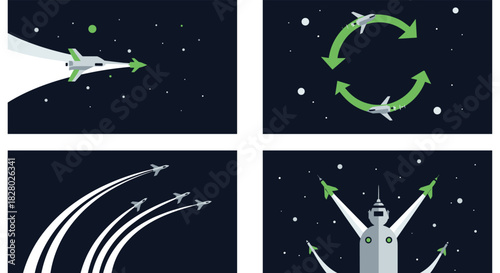 Collection of flat design illustrations showing spaceships in flight, including maneuvers, formations, and launching from a base.