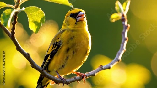 Vibrant yellow village weaver perched on a branch, singing in the warm sunlight