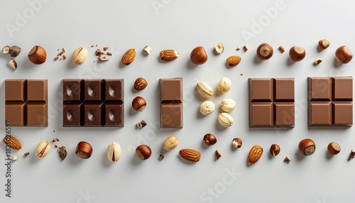 チョコレートとナッツが織りなす素材構成  
Arrangement of chocolate bars and assorted nuts on light surface

