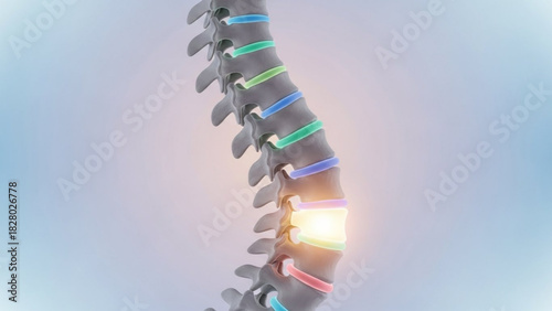Anatomical spine illustration with colored discs and light emanating from a specific vertebra