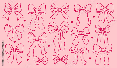 Set of pink line vintage ribbon bows. Collection of elegant girly bows in outline doodle style. Bows for hair decorations, flat icons. Ribbons isolated. Fashionable accessories.