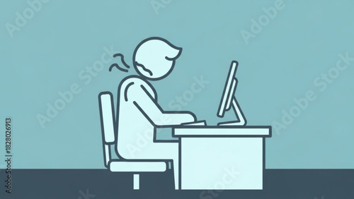 Person sitting at desk with neck pain in a light blue and white outlined illustration style image
