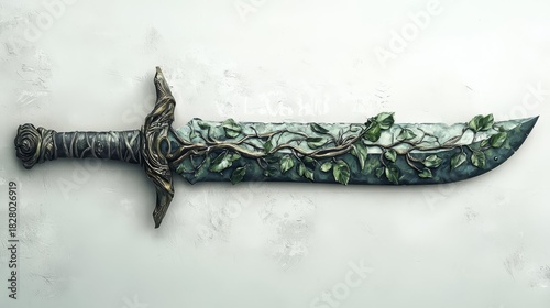 A mystical sword adorned with vines and leaves, blending nature and fantasy in an artistic representation.