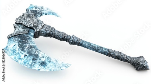 A detailed ice-themed battle axe with intricate engravings, perfect for fantasy-themed art or game design.