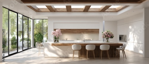 Luxury modern kitchen interior with large windows, wooden accents and soft natural sunlight