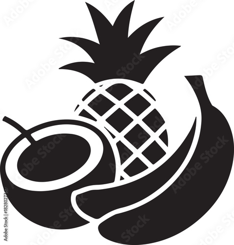 Stylized black and white silhouette of tropical fruits