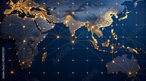 Global network connecting continents at night with city lights