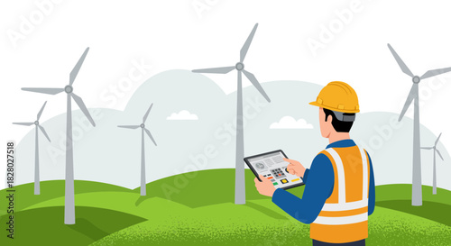 Wind Turbine Engineer Using Tablet