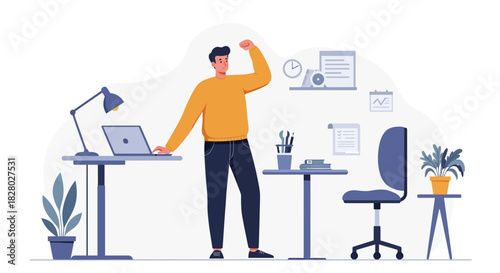 Man celebrates work success in home office