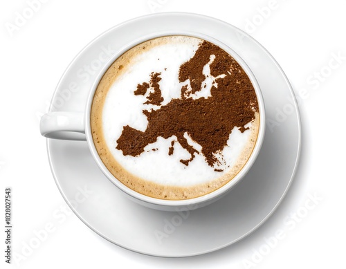 Coffee cup containing foamy latte with Europe-shaped chocolate powder dusting on top, presented on white saucer, overhead view