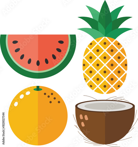 Flat design tropical fruits collection with pineapple watermelon orange and coconut