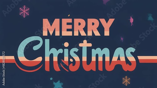 A vibrant retro-style 'Merry Christmas' greeting with colorful typography and festive snowflakes on a dark background