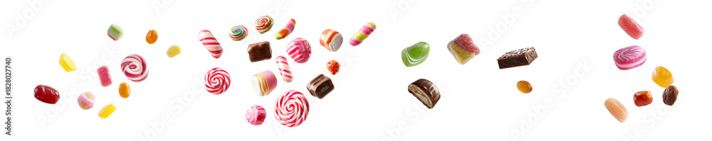 Obraz premium Mixed colorful hard candies, gummies, and chocolate sweets isolated on transparent background