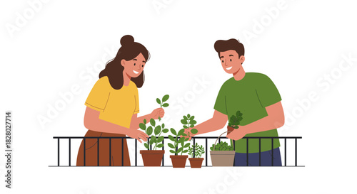 People Planting Plant in Pot on Balcony