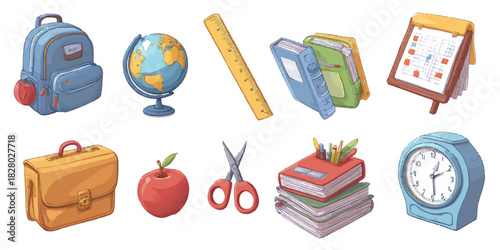 Collection of school supplies and educational items arranged neatly on a white background