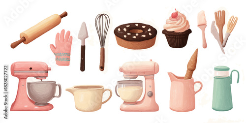 Collection of baking tools and ingredients for making delicious desserts and pastries