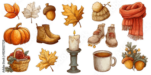 Cozy autumn collection of seasonal elements including pumpkins scarves boots and candles