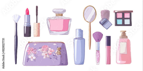 Collection of elegant beauty and cosmetic products arranged artfully on a white background