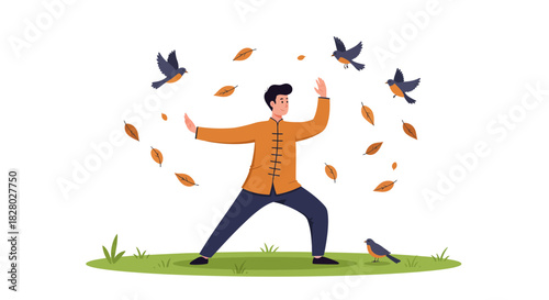 Man Practicing Tai Chi with Birds and Autumn Leaves