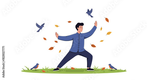 Man doing Tai Chi in park with birds and leaves