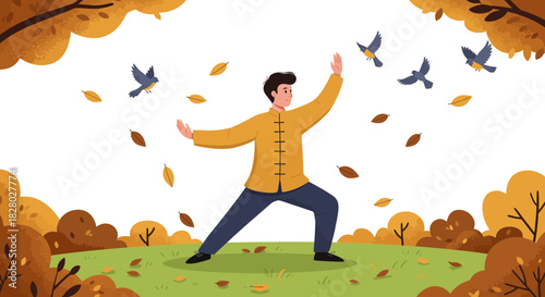 Man Practicing Tai Chi in Autumn Nature Scene