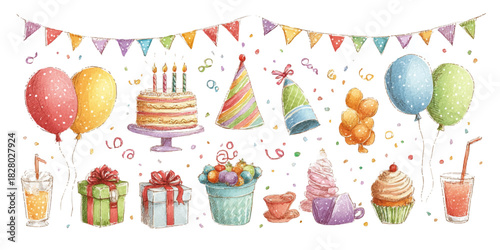 Festive watercolor collection of birthday party elements including cake balloons gifts and hats