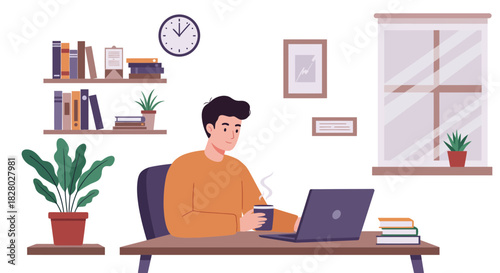 Man Working on Laptop at Desk with Coffee