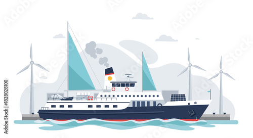 Ferry with Wind Turbines Illustration