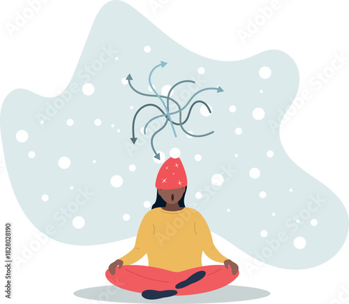 Decision fatigue and tired female with confusion struggle . Doubt and frustration with burnout signs .life and employment of people.