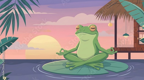 Zen Frog Meditating on a Lily Pad at Sunset
