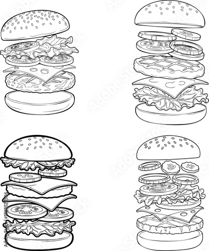 Hamburger Fast Food Line Art Illustration