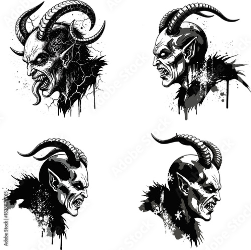 Gothic Demon Head with Horns Ink Illustration