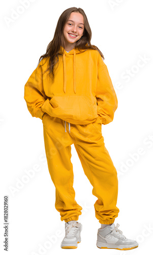 a girl in a yellow hoodie and pants, smiling and posing for the camera, in a transparent background.