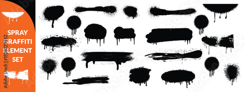 Spray graffiti element set, can splatter brush drip freehand kit, vector urban street black grunge. Cool hand writing stain splash, dirty messy airy ink stroke and circles. Spray graffiti dark  bigset