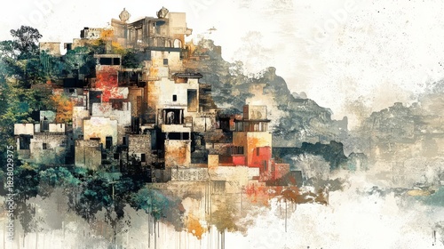 A stunning artistic representation of a hillside village, blending nature and architecture in vibrant colors.