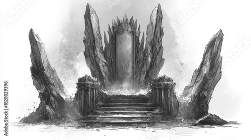 A mystical throne surrounded by towering rock formations, evoking power and ancient legends in a fantasy realm.