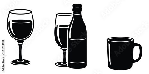 Black Silhouette Icons of Drinkware and Bottle glass