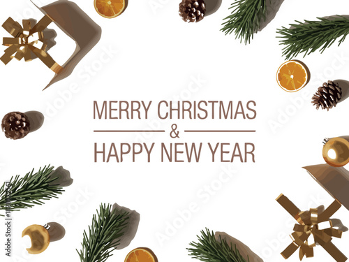 Festive holiday arrangement with pine branches, dried oranges, pinecones, and golden ribbons on white background