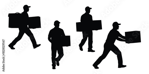 Black Silhouettes of Delivery Men Carrying Boxes courier