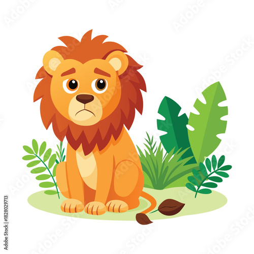 Cute cartoon lion sitting on a tree branch illustration