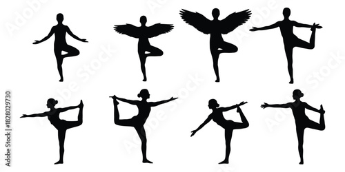 Black Silhouettes of Women in Yoga Balance Poses woman