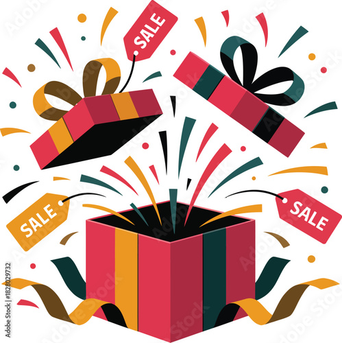 Exploding gift box with sale tags and confetti for promotions
