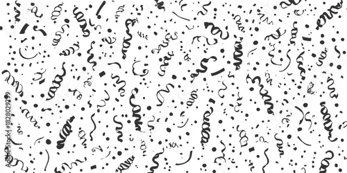 Black and white hand drawn confetti streamers and dots pattern vector