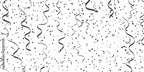 Black and white confetti and streamers falling on white background celebration party