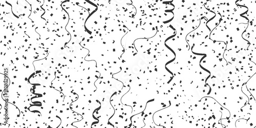 Black and white confetti and streamers pattern on white background party celebration
