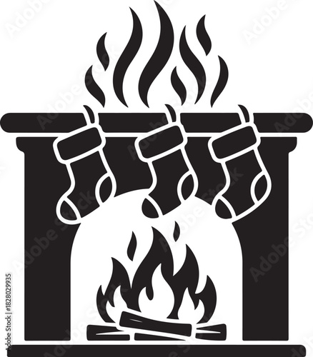 Cozy christmas fireplace with stockings and roaring fire