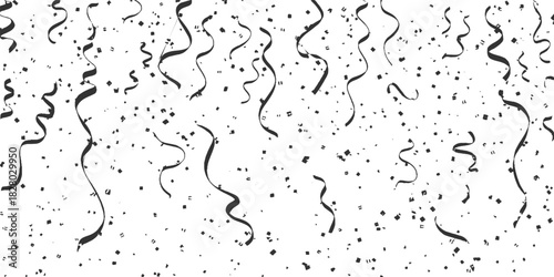 Black and white falling streamers and confetti on white background celebration party