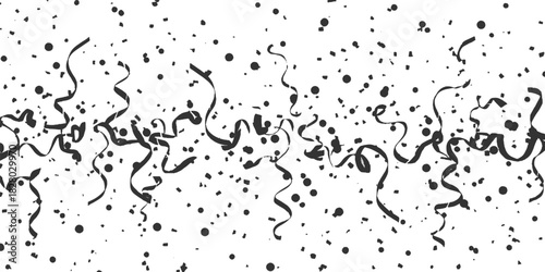 Black streamers and confetti falling on white background party