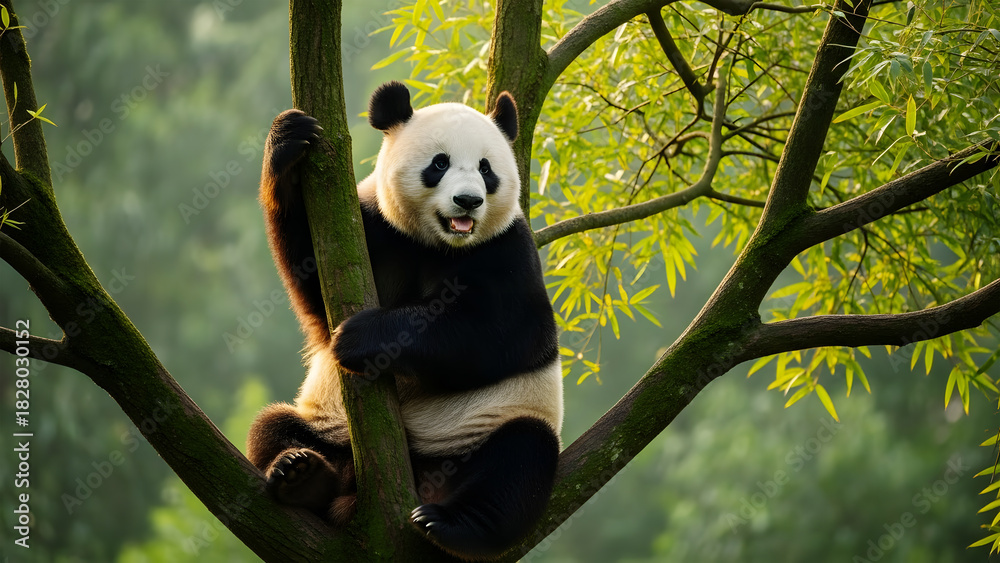 Obraz premium Giant Panda Perched on a Tree Branch with Mouth Open and Green Leaves bear animal